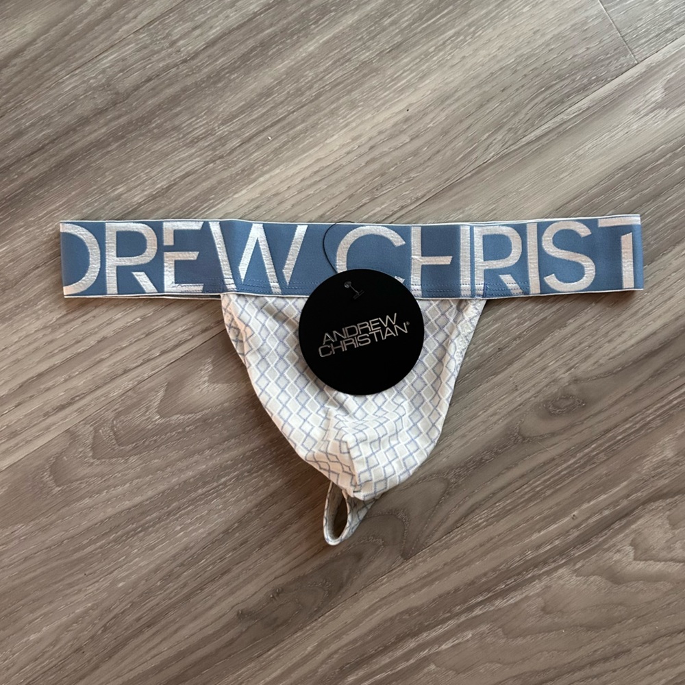 SOLD Andrew Christian | Sheer Atlas Thong with Almost Naked in White Blue